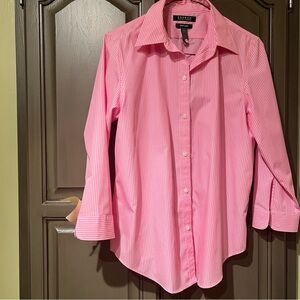 Lauren Ralph Lauren Pink Striped Wm M 3/4 sleeve cotton business preppy blouse